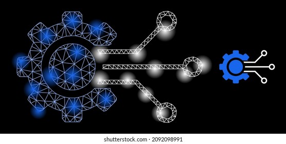 Glare network digital sensor cog web icon with bright spots. Illuminated constellation is done using digital sensor cog vector icon. Bright frame web polygonal digital sensor cog,