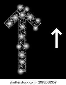 Glare network up direction arrow web icon with illuminated spots. Illuminated constellation is done from up direction arrow vector icon. Illuminated carcass web polygonal up direction arrow,