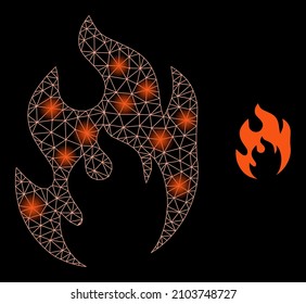 Glare network fire flame web icon with illuminated spots. Illuminated model is generated from fire flame vector icon. Illuminated carcass web polygonal fire flame, on a black background.