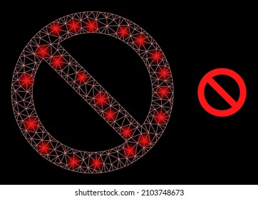 Glare Netzwerk verboten Web-Symbol mit magischen Flecken. Das beleuchtete Modell wird mit einem verbotenen Vektorsymbol ausgeführt. Illuminierte Karkasse polygonal verboten, auf schwarzem Hintergrund.