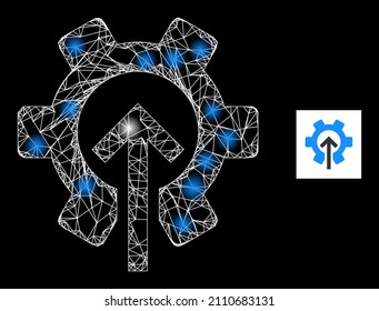 Icono de integración de engranajes de red con manchas luminosas. Constelación iluminada generada a partir del icono vectorial de integración de engranajes y líneas cruzadas. Integración de los engranajes de bastidor iluminados,