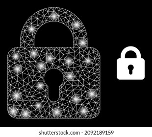 Glare network lock web icon with illuminated light spots. Illuminated model is done from lock vector icon. Constellation frame web polygonal lock, on a black background.