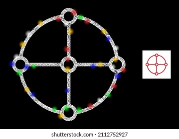 Glare network round grid structure with colored light dots. Illuminated vector frame created from round grid structure icon. Sparkle frame wired round grid structure, on a black backgound.