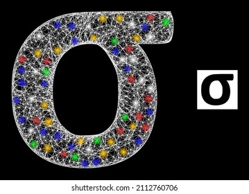 Glare network Sigma Griega símbolo en minúsculas con puntos luminosos multicolores. Carcasa vectorial iluminada creada a partir del pictograma del símbolo en minúscula griego Sigma.