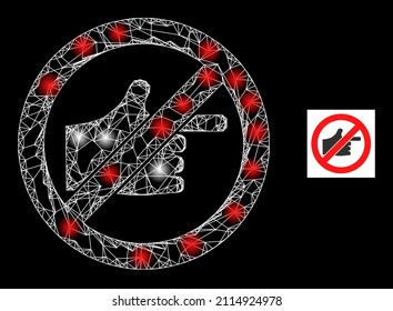 Glare network stop index finger icon with illuminated spots. Illuminated model created using stop index finger vector icon and crossed lines. Illuminated frame stop index finger,