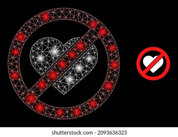 Glare network stop love heart web icon with glossy light spots. Illuminated model is done using stop love heart vector icon. Illuminated carcass web polygonal stop love heart, on a black background.