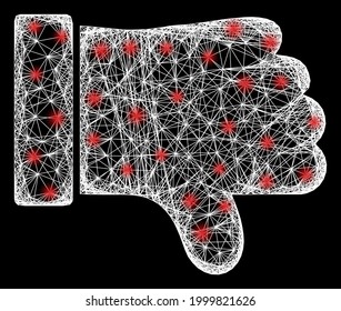 Glare network thumb down frame with glowing spots. Illuminated vector frame created from thumb down symbol and crossed white lines. Sparkle frame polygonal thumb down, on a black backgound.