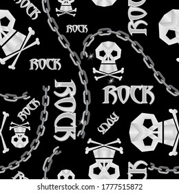 glare, polygonal images of skulls and bones of different sizes, smoothly curved chains, the inscription "ROCK" are randomly located on a black background. cool rocker seamless pattern. vector