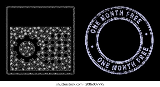 Glare polygonal mesh net calendar settings icon with glow effect on a black background, and round One Month Free textured stamp. Vector frame is generated from calendar settings pictogram,