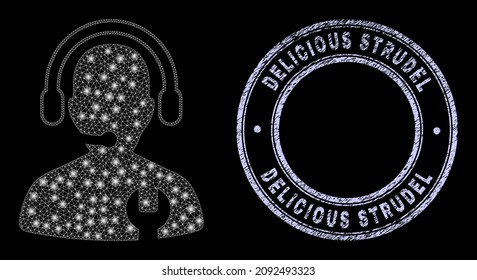 Glare polygonal mesh net call center serviceman icon with glitter effect on a black background with round Delicious Strudel scratched seal. Vector grid generated from call center serviceman icon,