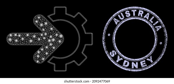 Glare polygonal mesh net cog arrow integration icon with glare effect on a black background with round Australia Sydney corroded seal print. Vector grid generated from cog arrow integration icon,