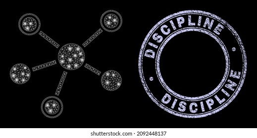 Glare polygonal mesh web connections icon with glare effect on a black background with round Discipline grunge badge. Vector frame is generated from connections icon, white colored mesh net is used.