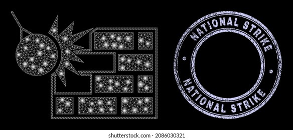 Glare polygonal mesh web crush the wall icon with glow effect on a black background with round National Strike scratched stamp. Vector frame is based on crush the wall icon, white mesh net is used.