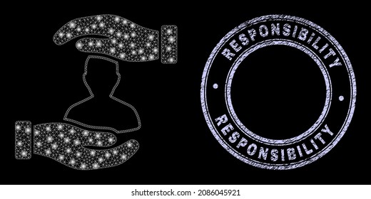 Glare polygonal mesh web customer care hands icon with glare effect on a black background, and round Responsibility rubber stamp seal. Vector constellation is created from customer care hands icon,