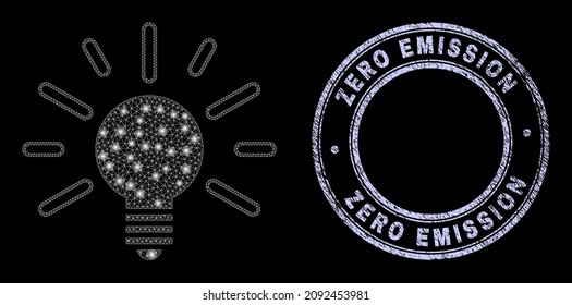 Icono de luz de la bombilla de red poligonal de vidrio con efecto de brillo sobre un fondo negro con marca de agua texturada de emisión cero redondeada. Cápsula vectora creada a partir del icono de la luz bombilla,