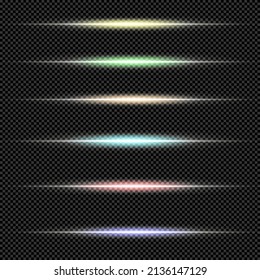 Glare set. Flashes of light rays. Glow, shine, glitter effect. Collection of different glowing horizontal sparks. Vector illustration on a transparent background.