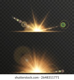 Brilho faísca cintilantes suavemente no brilho de estilo matinal. As bordas de gradiente quente melhoram a profundidade da composição visual.Sinalizador PNG transparente ideal para efeitos de foto realistas. Efeito de luz brilhante imita o nascer do sol