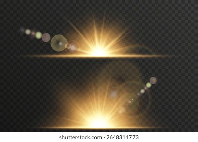 Brilho faísca cintilantes suavemente no brilho de estilo matinal. As bordas de gradiente quente melhoram a profundidade da composição visual.Sinalizador PNG transparente ideal para efeitos de foto realistas. Efeito de luz brilhante imita o nascer do sol