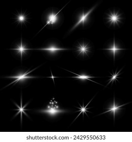 Glare stars set on black. Light flashes. Vector transparent elements with glow effect.