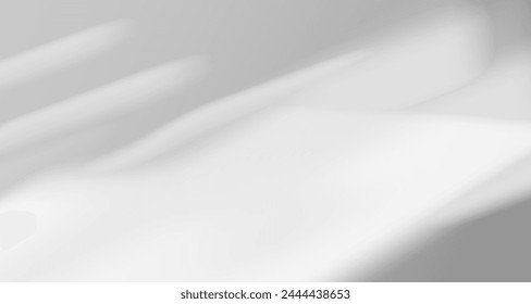 Glare from the sun's rays on the wall. Blurred shadows from leaves and plants in the room. Soft overlay of natural light. Abstract background for product presentation.Natural light layout.