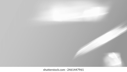 Glare from the sun's rays on the wall. Blurred shadows from leaves and plants in the room. Soft overlay of natural light. Abstract background for product presentation.Natural light layout.