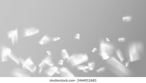 Glare from the sun's rays on the wall. Blurred shadows from leaves and plants in the room. Soft overlay of natural light. Abstract background for product presentation.Natural light layout.