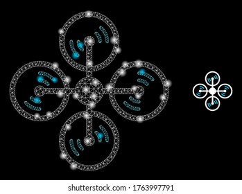 Glare web mesh air copter with light spots. Illuminated vector 2d constellation created from air copter icon. Sparkle carcass mesh polygonal air copter. Wire carcass 2D mesh in vector EPS format,
