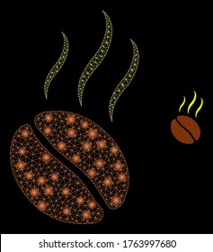 Glare web mesh aroma coffee bean with glowing spots. Illuminated vector 2d model created from aroma coffee bean icon. Sparkle frame mesh polygonal aroma coffee bean.