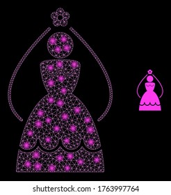 Glare web mesh bride with lightspots. Illuminated vector 2d constellation created from bride icon. Sparkle frame mesh polygonal bride. Wire frame flat mesh in eps10 vector format, lines,