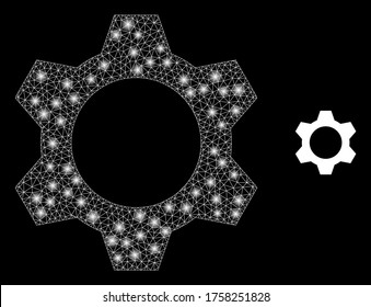 Glare web mesh cog with lightspots. Illuminated vector 2d constellation created from cog icon. Sparkle carcass mesh polygonal cog. Linear carcass 2D mesh in vector EPS format, lines,