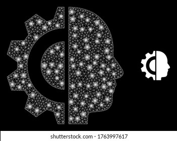 Glare web mesh cyborg head with glowing spots. Illuminated vector 2d model created from cyborg head icon. Sparkle carcass mesh polygonal cyborg head. Linear carcass 2D mesh in vector format, lines,