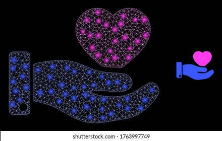 Glare web mesh favourite heart offer hand with lightspots. Illuminated vector 2d constellation created from favourite heart offer hand icon. Sparkle frame mesh polygonal favourite heart offer hand.