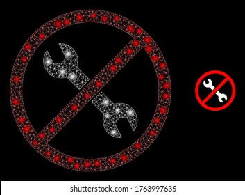 Glare Web-Mesh verboten Reparatur mit Lichtpunkten. Illuminiertes Vektor 2d-Modell, das aus einem verbotenen Reparatursymbol erstellt wurde. Sparkenkarkasse Mesh Polygonal verboten Reparatur.