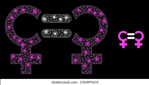 Símbolo de relaciones lésbicas de malla web Glare con focos de luz. Modelo vectorial 2d iluminado creado a partir del icono de símbolo de relación lesbiana. Sparkle carcass malla símbolo de relación lésbica poligonal.