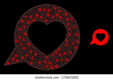 Glare web mesh love message with light spots. Illuminated vector 2d model created from love message icon. Sparkle carcass mesh polygonal love message. Wire carcass 2D mesh in vector EPS format, lines,