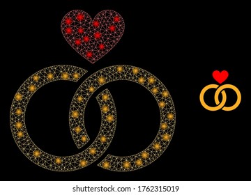 Glare web mesh romantic rings with lightspots. Illuminated vector 2d model created from romantic rings icon. Sparkle frame mesh polygonal romantic rings. Linear frame 2D mesh in eps10 vector format,