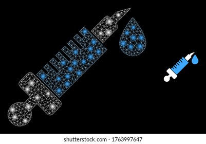 Glare web mesh vaccine with light spots. Illuminated vector 2d constellation created from vaccine icon. Sparkle frame mesh polygonal vaccine. Wire frame 2D network in vector EPS format, lines,