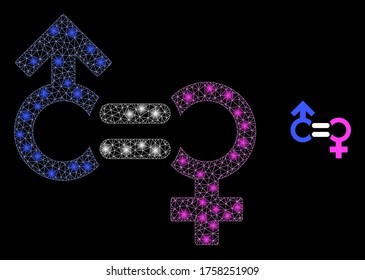Glare web network género símbolo de relación con puntos de luz. Constelación vectorial iluminada 2d creada a partir del icono de símbolo de relación de género. Símbolo de relación de género poligonal de malla de marco de esparcido.