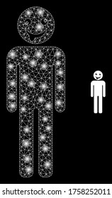 Glare web network idiot person with light spots. Illuminated vector 2d model created from idiot person icon. Sparkle carcass mesh polygonal idiot person. Wire carcass 2D network in vector EPS format,
