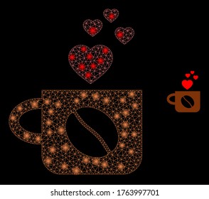 Glare web network lovely coffee cup with glowing spots. Illuminated vector 2d constellation created from lovely coffee cup icon. Sparkle carcass mesh polygonal lovely coffee cup.
