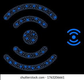 Glare web network radio source with lightspots. Illuminated vector 2d model created from radio source icon. Sparkle carcass mesh polygonal radio source. Linear carcass 2D mesh in eps10 vector format,