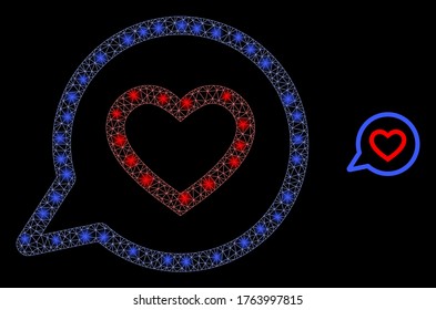 Glare web network romantic heart message with glowing spots. Illuminated vector 2d constellation created from romantic heart message icon. Sparkle carcass mesh polygonal romantic heart message.