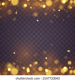 Glares with flying glowing particles light. Blur Christmas glowing gold dust confetti and spark overlay texture for your design. Defocused abstract golden bokeh lights and sparkles. Vector.