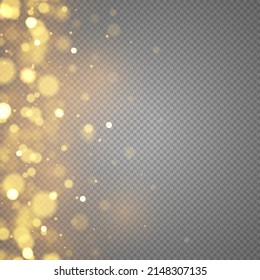 Glares con luz de partículas brillantes volantes. Luces y destellos abstractos de bokeh dorado. Desenfocar el confetti de polvo de oro brillante de Navidad y crear textura superpuesta para tu diseño. Vector.