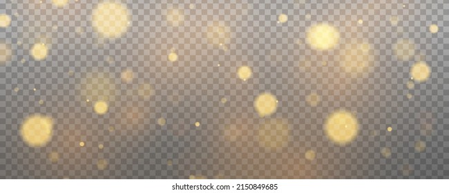 Glares with flying glowing particles light. Defocused abstract golden bokeh lights and sparkles. Blur Christmas glowing gold dust confetti and spark overlay texture for your design. Vector.