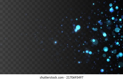 Glares con luz de partículas brillantes volantes. Luces y destellos abstractos de color azul desenfocados. Desdibuja el confetti de polvo azul brillante de Navidad y genera textura superpuesta para tu diseño. Vector.