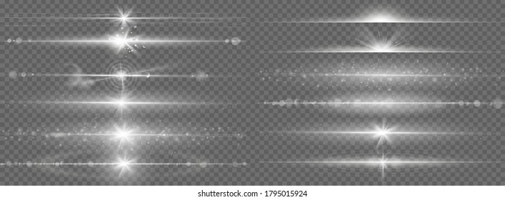Glares lines effect. Horizontal optical lens flare light, night futuristic dusting glow strips, shining streaks, flash starlight vector set. Magic beam flare, bright lens glare horizontal illustration