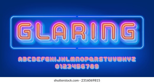 Glaring alphabet font. Bright neon color letters and numbers. Stock vector typeface for your design.