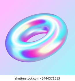 Glaring bagel realistic vector illustration. Iridescent cubical geometric shape trendy design. Metallic 3d object on purple background