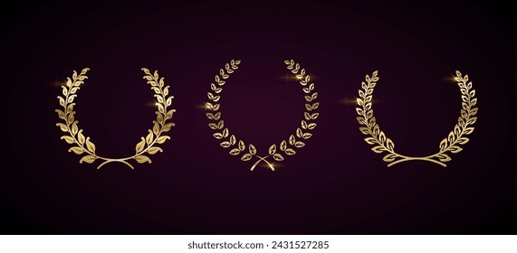 Glaring golden laurel wreaths realistic vector illustration set. Premium rewards for champion 3d models on dark background. Honour sign